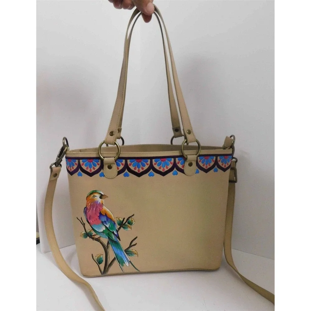 Anuschka Hand Painted Embroidered Tan Leather Parrot Large Tote Shoulder Bag‎